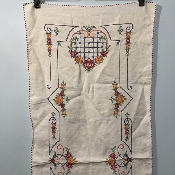 Vintage Cross-stitch Floral Pineapple Hearts Linen Tea Towel Runner 39.5” x 16” - Picture 15 of 17